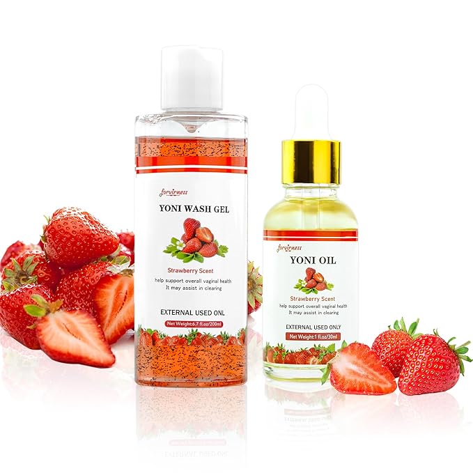 Natural Feminine Wash Yoni Wash Yoni Oil Set, Cleanse - Remove Odor - pH Balance for Women, 1 fl.oz Feminine Oil & 6.7 fl.oz Intimate Wash with Cleaning Factor - Strawberry Scent