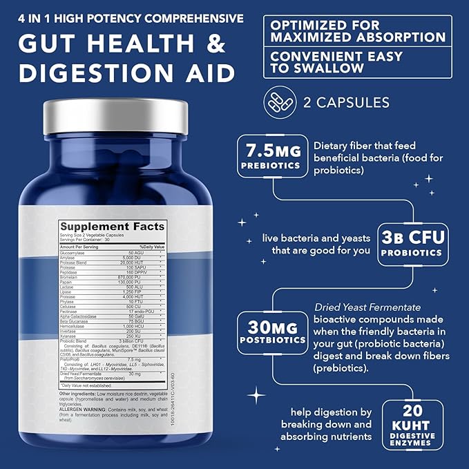 4-in-1 Gut Health Support – Prebiotics + Probiotics + Postbiotics + Digestive Enzymes – DE111 Spore Probiotic for Digestive Support & Bloating – Non-GMO, Made in USA – 60 Veggie Capsules