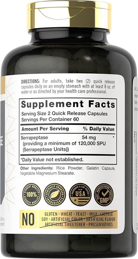 Carlyle Serrapeptase Supplement 120000 SPU | 120 Capsules | High Potency for Women and Men | Non-GMO and Gluten Free