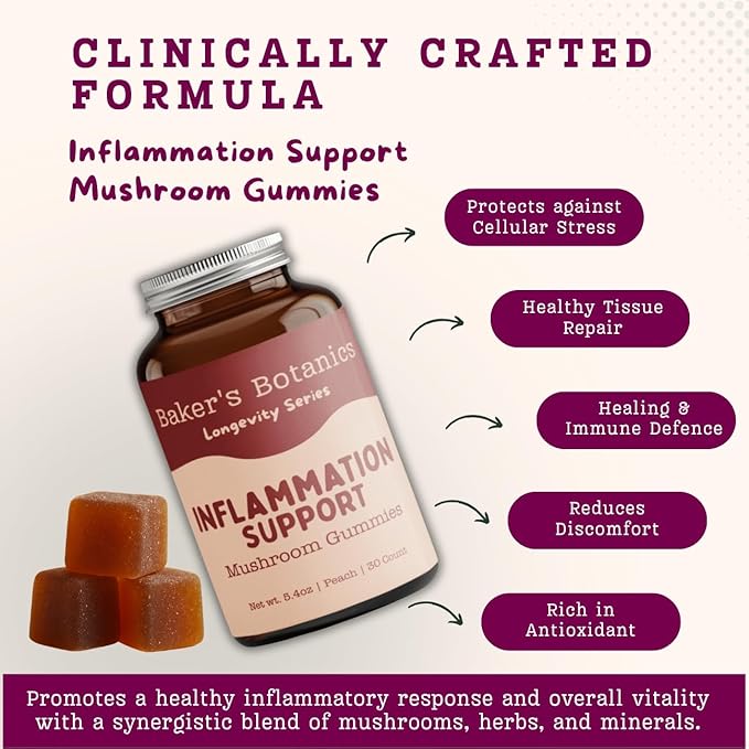 Baker's Botanics Longevity Inflammation Support Gummies - Mushroom Gummies for Complete Women Wellness | Chaga, Maitake, Turmeric, Astragalus & Zinc | Peach Flavor | Vegan, Gluten-Free, Non-GMO