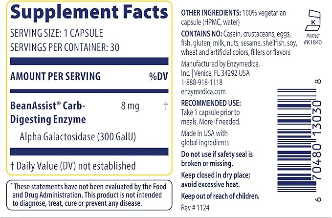 Enzymedica, BeanAssist, Alpha Galactosidase Enzyme for Digestive Support, Reduces Occasional Gas & Bloating from Beans, Broccoli & Legumes, Digestive Enzymes for Women & Men, 30 Count