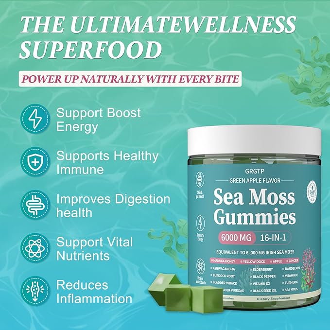 Sea Moss Gummies 16-in-1 - Ashwagandha Black Seed Oil Bladder Wrack Turmeric Vitamin C & D3 with Manuka Burdock Root Dandelion Yellow Dock Natural Detox & Liver Health Immune Support, Energy Boost