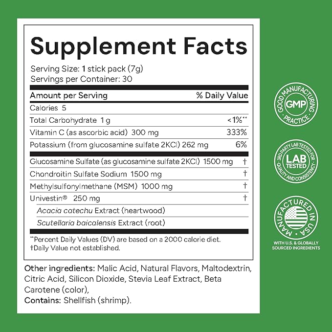 Glucosamine, Chondroitin, MSM and Univestin, All-in-one Joint Support, Easy to Carry, Mango Flavor (30-Day Supply)