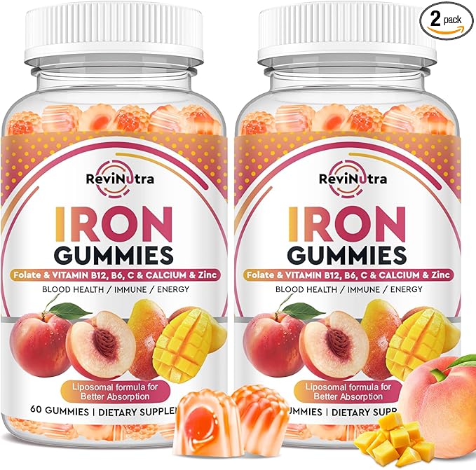 Iron Supplement Gummies for Adults & Kids - with Calcium, Zinc, Folate & Multivitamin - Blood Builder & Energy Support & Immune Health for Iron Deficiency, Anemia, Vegan -Peach & Mango Flavor,120ct
