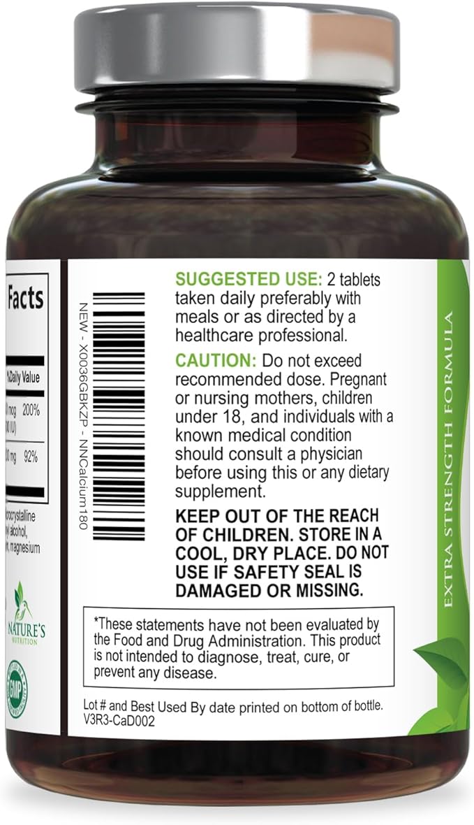 Calcium Supplement with Vitamin D3-1200 mg Calcium per Serving with D3 for Best Absorption - Supports Immune Health, Bones & Teeth - Nature's Calcium is Bottled in USA for Women & Men - 180 Tablets