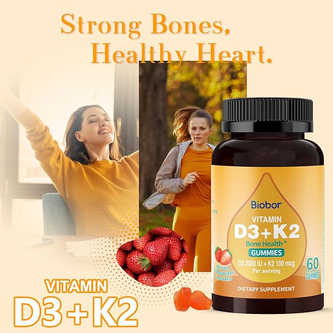 Natural Vitamin D3 K2 Gummies, 2000 IU Vitamin D3 & 100 mcg Vitamin K2(MK-7),Supports Healthy Bone, Immune Health Supplement, GMO Free, Gluten Free, Strawberry Flavor, 60 Count