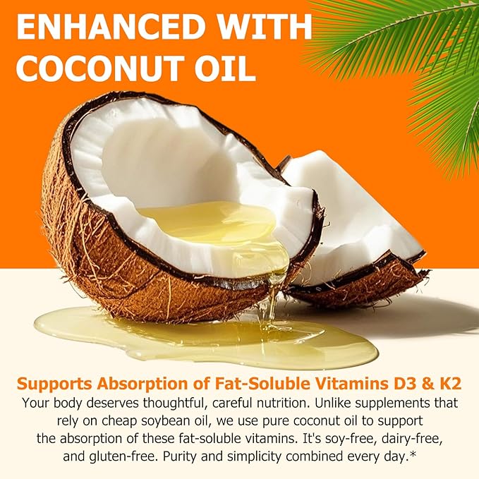 Vitamin D3 K2 10000 IU with 200mg, Vitamin D3 and K2 Capsules, 2 in 1 Vitamins D & K Complex with Virgin Coconut Oil, 120 Softgels, Easy to Swallow & Non-GMO