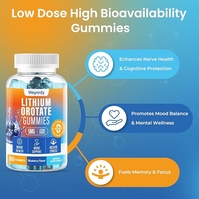 Lithium Orotate 5mg Gummies for Adults and Kids, Low-Dose Chelated Lithium Orotate for Mood Support & Cognitive Improvement, Sugar-Free, Non-GMO, Gluten-Free, Vegan-Friendly, Blueberry Flavor, 60