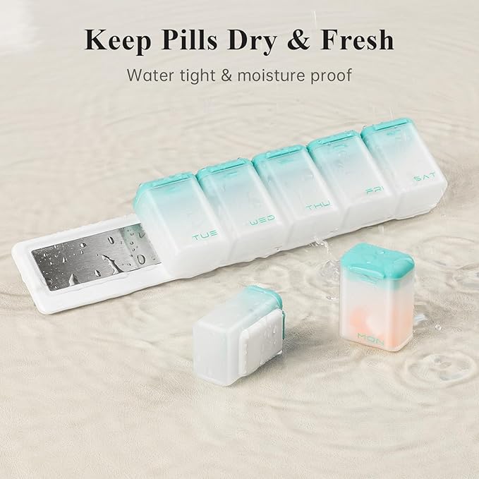 KOVIUU Weekly Pill Organizer Magnetic, Removable Pill Box 7 Day 1 Time a Day, Large Pill Case Travel, Week Once Daily Medication Dispenser, Medicine Container Holder for Supplement Vitamin, Cyan