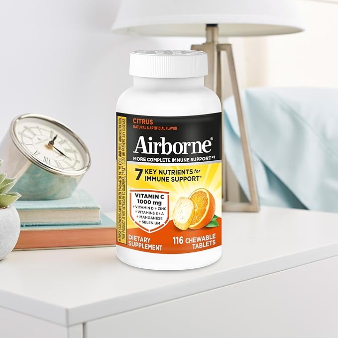 Airborne Vitamin C 1000mg (per Serving) - Citrus Chewable Tablets (116 Count in a Bottle), Gluten-Free Immune Support Supplement, with Vitamins A C E, Zinc, Selenium, Echinacea, Ginger, Antioxidants