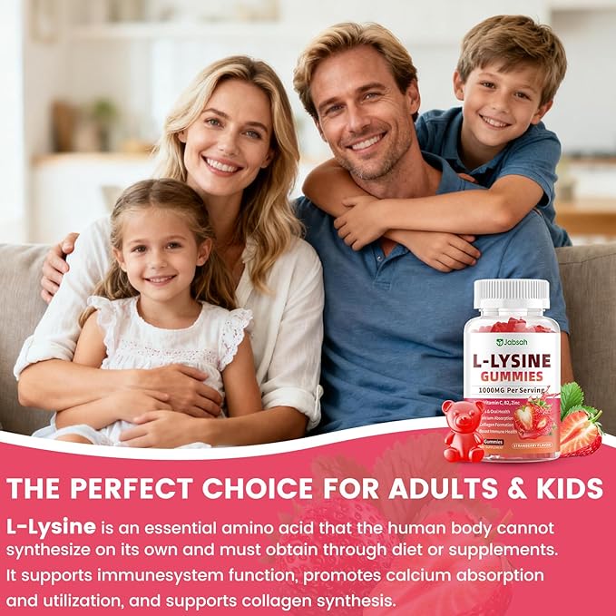 L-Lysine Gummies 1000 mg for Kids and Adults, L-Lysine Supplements with Vitamin C, B2 for Lips & Oral Health, Immune Support & Collagen & Calcium- Vegan, Non GMO, Strawberry Flavor, 60 Count