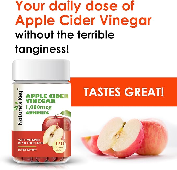 Nature's Key Apple Cider Vinegar Gummies 120 Count ACV Gummy with Folic Vitamin B6 B12 Beetroot & Pomegranate - Vegan, Non-GMO & Gluten-Free