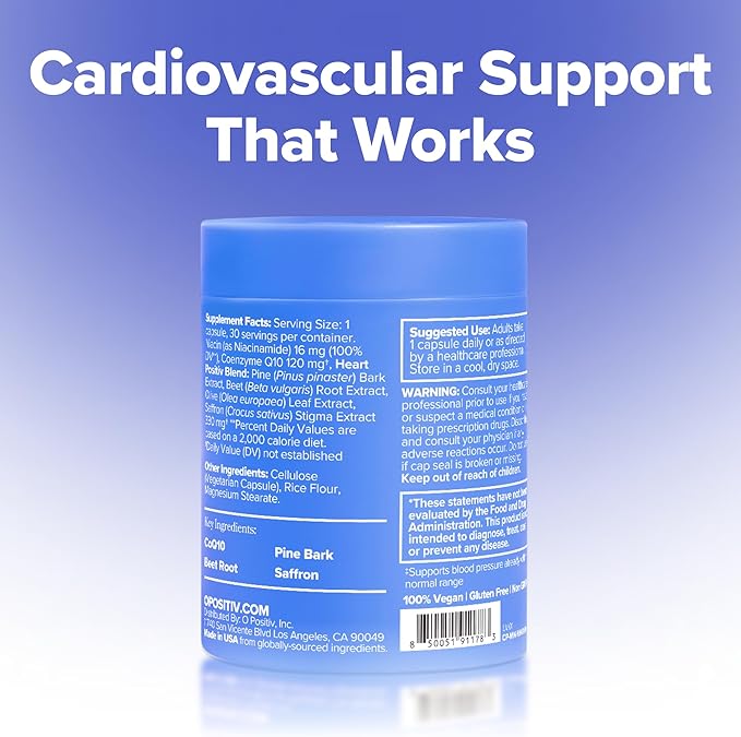 O Positiv MENO Heart + Blood Pressure Support Capsules – Daily Support for Healthy Circulation, Stress Management & Blood Pressure – with CoQ10, Beets, Pine Bark & Saffron – 30 Servings