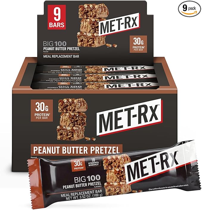 MET-Rx Big 100 Colossal Protein Bars, Great as Healthy Meal Replacement, Snack, and Help Support Energy, Peanut Butter Pretzel, With Vitamin A, Vitamin C, and Zinc, 100 g, (Pack of 9)