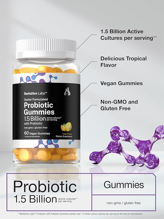 Horbäach Probiotic Gummies 1.5 Billion CFU | 60 Count | with Prebiotic for Women and Men | Tropical Flavor | Doctor Formulated | Vegan, Non-GMO & Gluten Free | Berkshire Labs