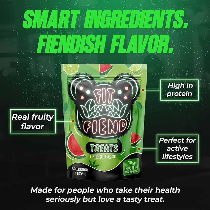 FitFiend High Protein Gummies, 16g of Protein Gummy Snacks for Adults, Healthy Snack Gummy Bears Candy Alternative Gummys for Post Workout Muscle Recovery Women Men - Watermelon Lime
