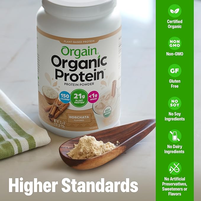 Orgain Organic Vegan Protein Powder, Horchata - 21g Plant Based Protein, 9g Prebiotic Fiber, Low Net Carb, No Lactose Ingredients, No Added Sugar, Non-GMO, For Shakes & Smoothies, 2.03 lb