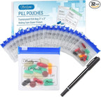 Serfeymi 32 Pcs Pill Pouch Bags for Travel Reusable Plastic Bags 3 x 3 Inches 12 mil (Double Sided) Translucent Zippered Pill Pouches for Medicine with Slide Lock & Writable Label，1 Pc Marker - Blue