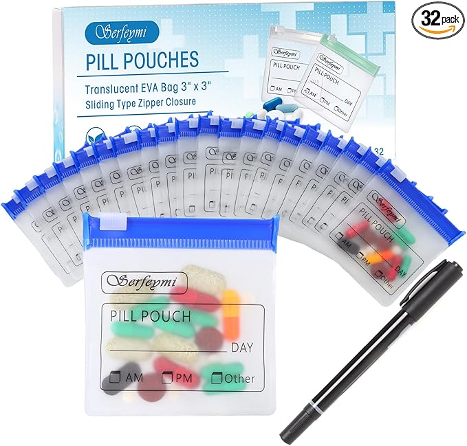 Serfeymi 32 Pcs Pill Pouch Bags for Travel Reusable Plastic Bags 3 x 3 Inches 12 mil (Double Sided) Translucent Zippered Pill Pouches for Medicine with Slide Lock & Writable Label，1 Pc Marker - Blue