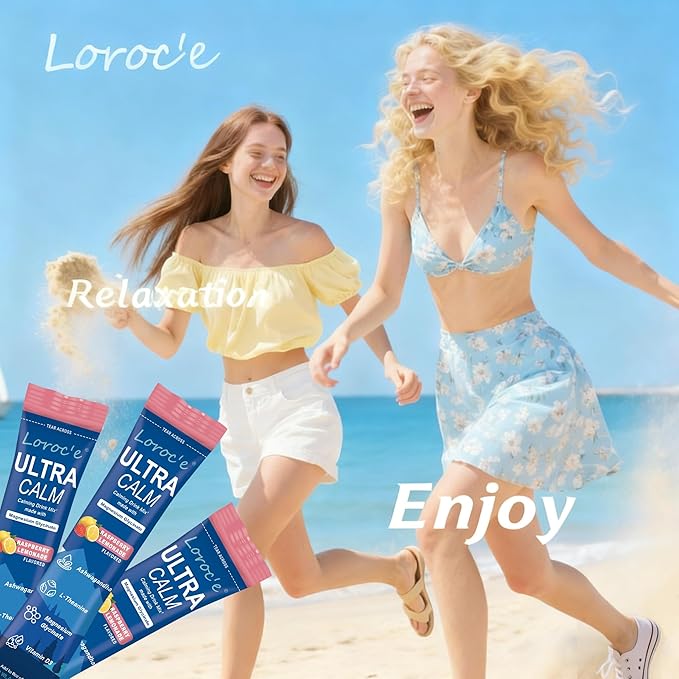 Loroc'e UltraCalm Super Cortisol Reducer Drink, Magnesium Glycinate (30 Servings), L-theanine, Ashwagandha, Vitamin D, No Sugar, Raspberry Lemonade Sleep Aid Powder