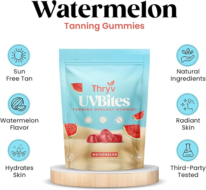 UVBites - Tanning Gummies - Self Tan Supplement - Tanning Pill - Fast Acting & Debloating Melanin Supplement with Beta Carotene, Astaxanthin, Niacinamide - Glow Up Skin (60 Count, Watermelon)