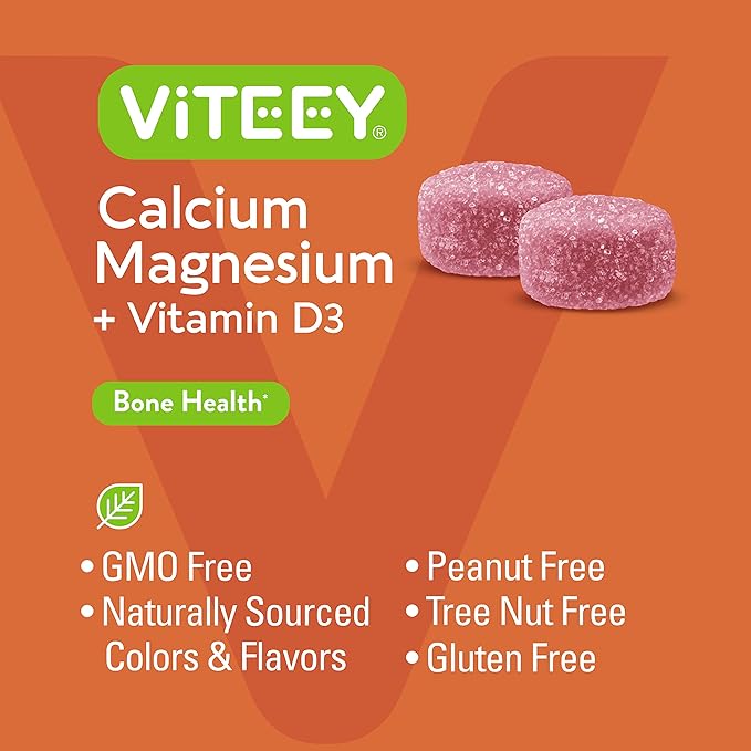 Viteey Calcium Gummies with Vitamin D3 and Magnesium Supplement for Bone Health - Chewable Calcium Supplements for Women & Men - Gluten-Free, Non-GMO - 90 Count