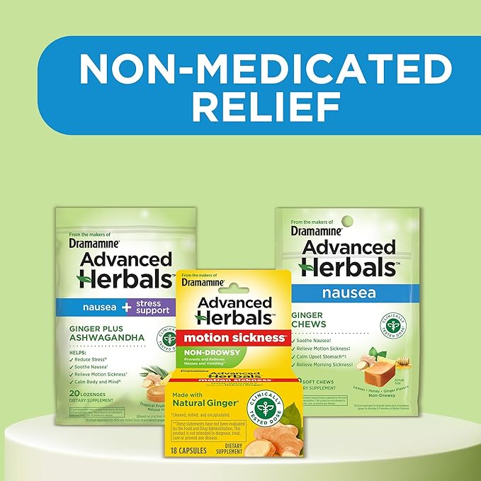 from The Makers of Dramamine, Advanced Herbals Ginger Chews for Nausea Relief, Morning Sickness Relief & Motion Sickness Relief During Travel, Lemon-Honey, 40 Count