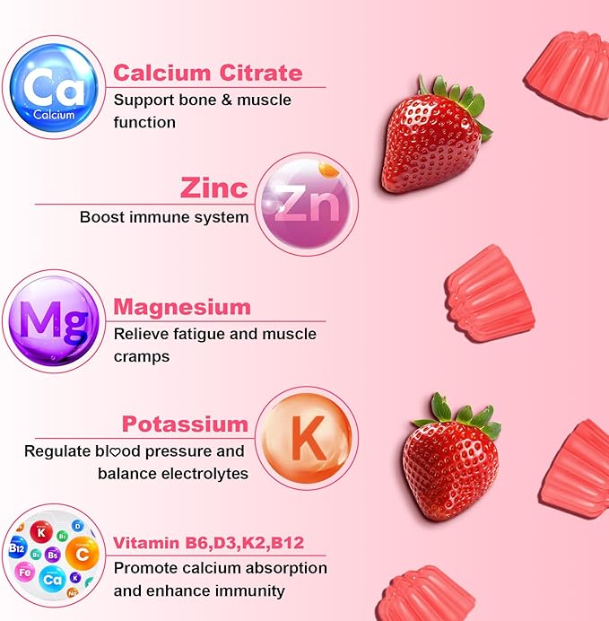 Calcium Citrate Gummies - Chewable Calcium Gummies for Bone, Muscle, Teeth, Immune Support, High Absorption Calcium Supplements for Women & Men Sugar Free Strawberry Flavor 60 Count
