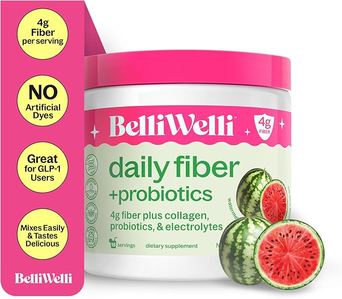 Belli Welli Fiber Supplement for Women & Men – Premium Daily Fiber Powder from Organic Acacia with Added Collagen, Electrolytes & Probiotics – No Bloat, Constipation & Gut Health Support (Watermelon)