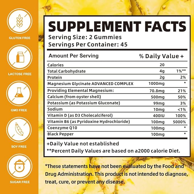 Magnesium Glycinate Gummies 1000mg with Magnesium L-Threonate,Chelated Magnesium Potassium Complex Supplement with VitD, B6, CoQ10, Calcium,Supports for Memory, Calm, Mood - 90 Mango pineapple Gummies