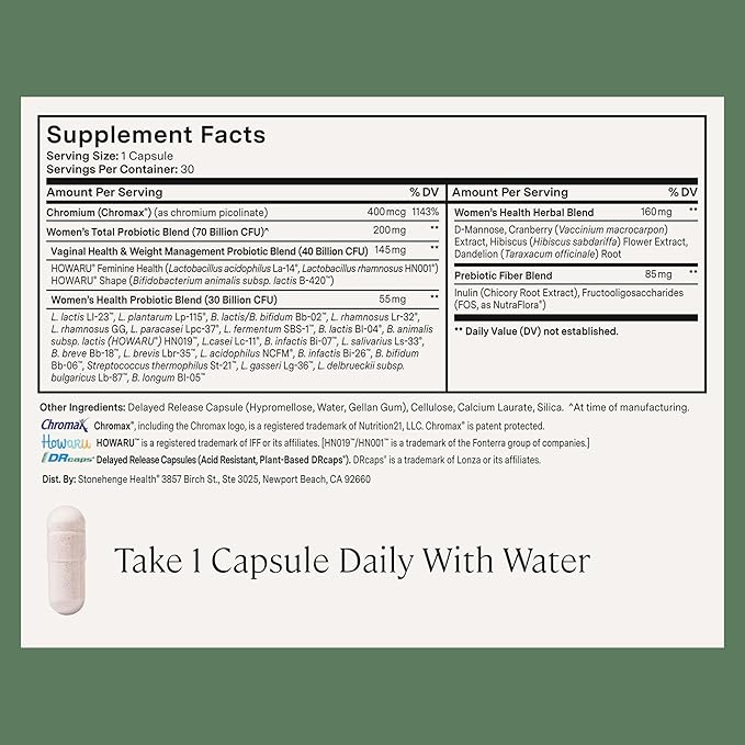 Stonehenge Health Biotics for Women Probiotic 70 Billion CFU, 24 Strains + Prebiotic Fiber, Weight Management, Focus & Mood, Digestive, Vaginal & Immune Support, Non-GMO, 30 Delayed-Release Veg Caps