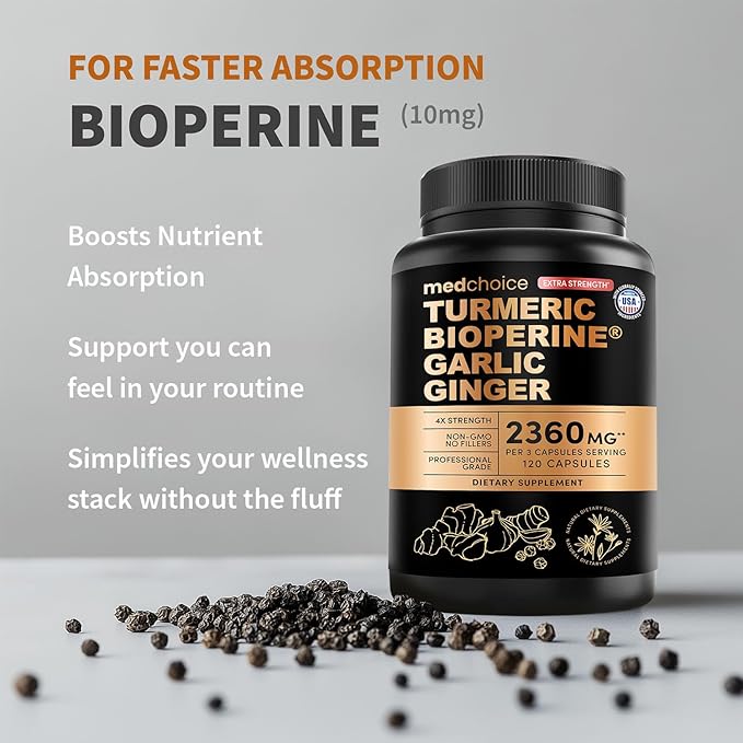 Extra Strength Turmeric Capsules - High-Absorption 2360 mg Curcumin Supplements, Non-GMO Blend for Digestive Comfort & Daily Support - Organic Turmeric Supplement with Black Pepper (120ct, Pack of 1)
