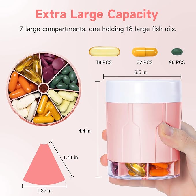 Daviky Pill Bottle Organizer, Supplement Organizer with 7 Large Compartments, Travel Pill Dispenser Round Pill Box with Two Lids（Pink+White）
