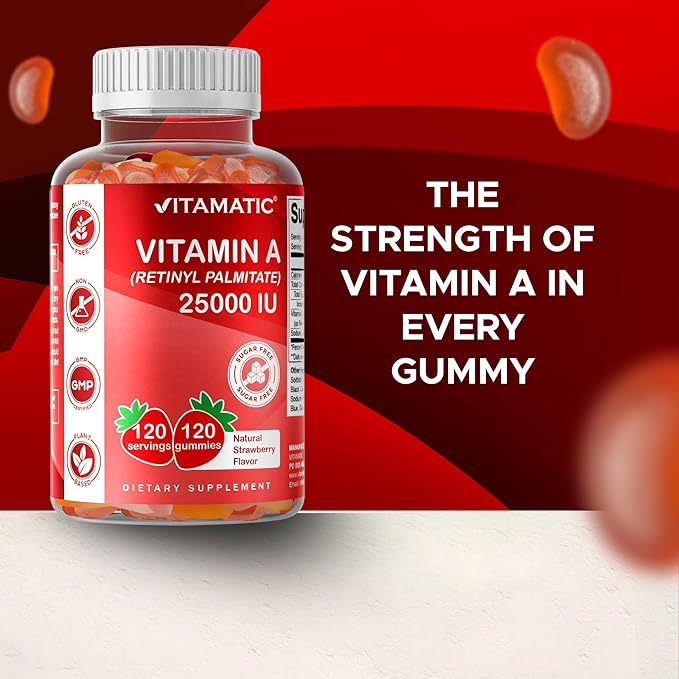 Vitamatic Sugar Free Vitamin A 25000 IU Gummies (Retinyl Palmitate) - Natural Strawberry Flavor - 120 Pectin Based Gummies (2 Bottles)
