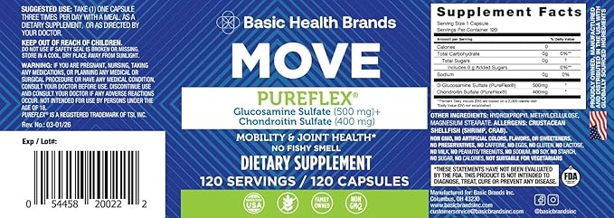 Basic Brands - Move Pureflex Glucosamine Chondroitin - Joint Support Supplement for Flexibility & Mobility - 120 Capsules - 2-Pack