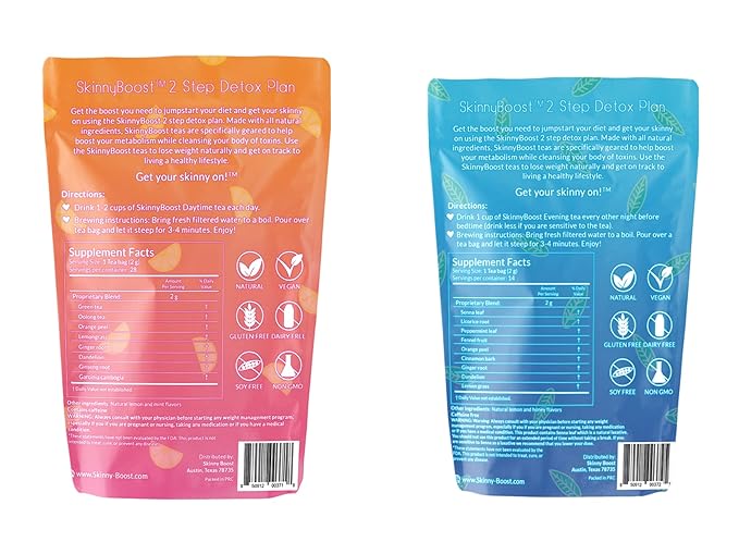 Skinny Boost Detox Tea Kit Slimming Tea for Weight, Metabolism, Energy, Bloating & Colon Cleanse – Green Tea, Herbal, Vegan, Keto, Non-GMO, Sugar-Free-4 PACK –1 Daytime (28 Bags) + 1 Evening -(14 Bags)