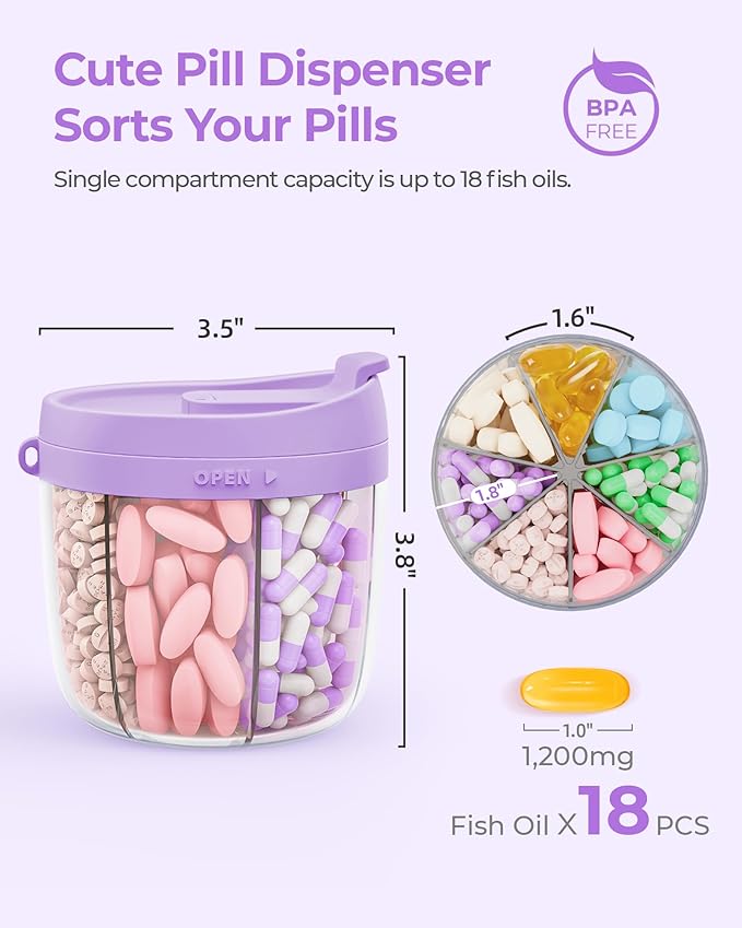 AMOOS Cute Pill Dispenser with 7 Large Compartments, Portable Pill Bottle Organizer with Wide Opening for Easy Use, Anti-Mix Pill Organizer for Travel, BPA-Free Pill Container, Purple
