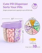 AMOOS Cute Pill Dispenser with 7 Large Compartments, Portable Pill Bottle Organizer with Wide Opening for Easy Use, Anti-Mix Pill Organizer for Travel, BPA-Free Pill Container, Purple