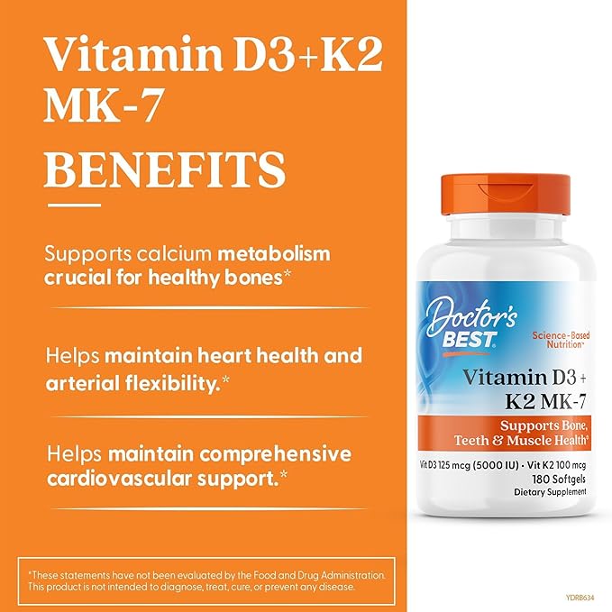 Doctor's Best Vitamin D3 5,000 IU + K2 MK-7 100 mcg, Supports Bone, Teeth & Muscle Health, and Heart Health, Non-GMO, Gluten Free, 180 Softgels