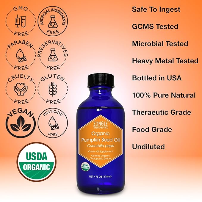 Zongle Therapeutics Organic, Pumpkin Seed Oil, Supplement, for Hair Growth – 100% Pure, Pumpkin Seed Oil, Cold Pressed, 4 OZ