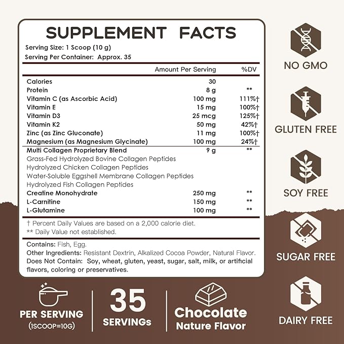 NATURE TARGET Chocolate Multi Collagen Peptides – Collagen Powder for Women with Vitamin C & Creatine, Supports Skin, Hair, Nails & Joint Health - Type I, II, III, V & X, Gluten Free, 35 Servings