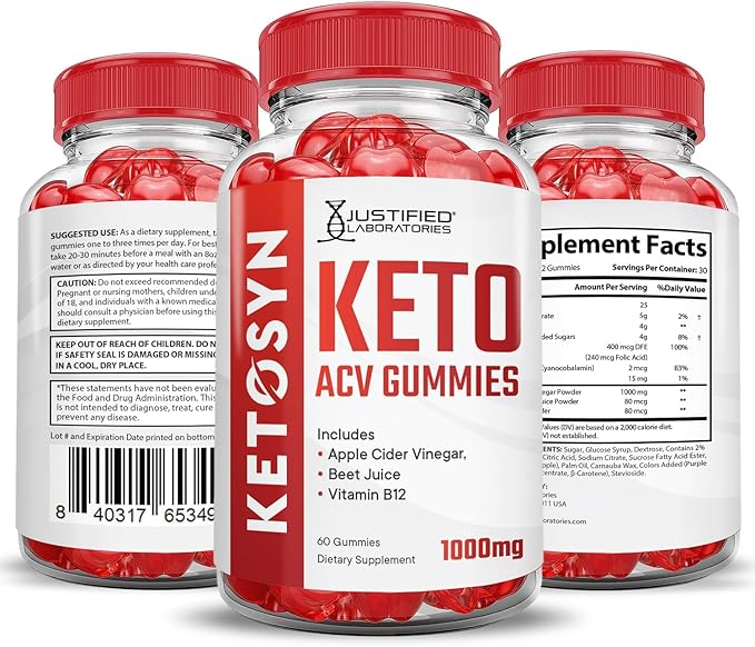Justified Laboratories Ketosyn Keto ACV Gummies Advanced Formula 1000MG Ketosyn Keto Gummies Apple Cider Vinegar Formulated with Pomegranate Beet Juice Powder B12 Vegan Non GMO 60 Gummys