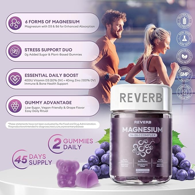 Magnesium Complex 14 in 1 Magnesium Gummies 90 Sugar-Free,Glycinate L-Threonate,Calcium,Coenzyme Q10,Vitamin B6,D3,Magnesium Supplement for Adults