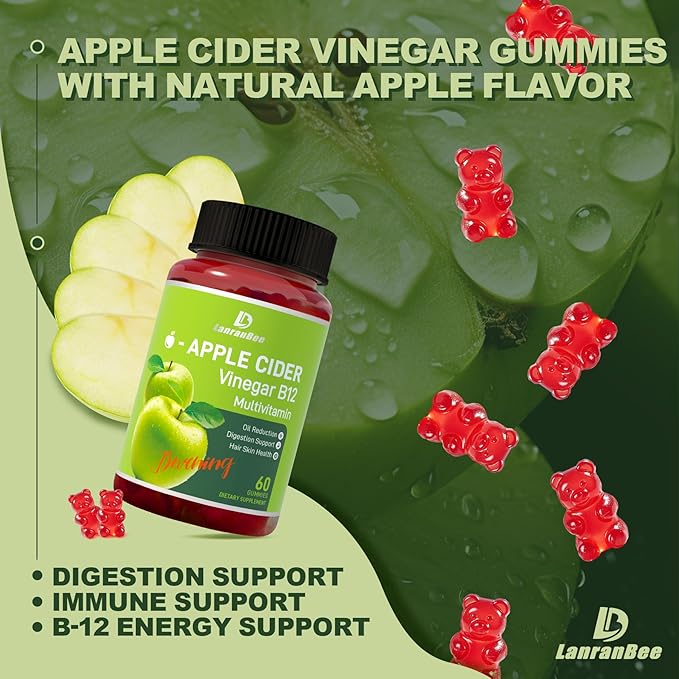 LanranBee Apple Cider Vinegar Gummies 1000mg with Vitamins B12 Multivitamin ACV Supplement Gummy – Supports Digestion, Energy, Weight Management & Gut Health – Vegan, Non-GMO, Gluten-Free – 60 Count