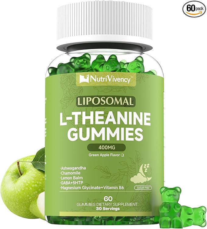 Liposomal L-Theanine Gummies, Sugar Free L Theanine 400mg Gummies Supplement for Adults & Kids, l'theanine Chewable for Relax & Improved Focus, Enhanced Absorption, Vegan, Green Apple Flavor, 60 Count