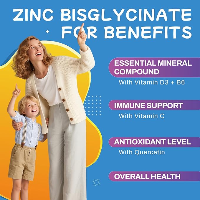 Zinc Glycinate 30 mg Gummies, Chewable Zinc Supplement for Women & Men, with Vitamin C, D3 & B6, Quercetin, Immune System Support, Skin Health & Antioxidant, Natural Fruit Flavor, 60 Ct