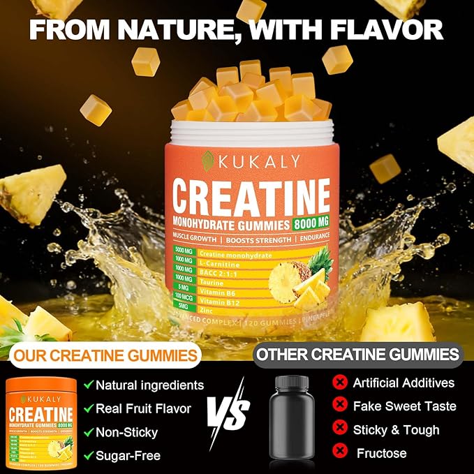KUKALY Creatine Monohydrate Gummies for Men & Women, 8500MG Creatine Gummies Sugar Free Pineapple Flavored with L-Taurine BCAA 2:1, B12 B6 for Boost Strength, Focus & Endurance, Vegan, Non-GMO 120pcs