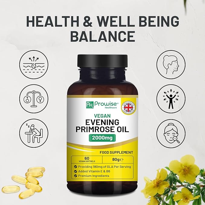 Vegan Evening Primrose Oil 2000mg with Vitamin E & B6 – 60 Vegan Softgels| Pure Cold Pressed I 180mg GLA per Capsule I Women's Health I Premium Quality I by Prowise Healthcare