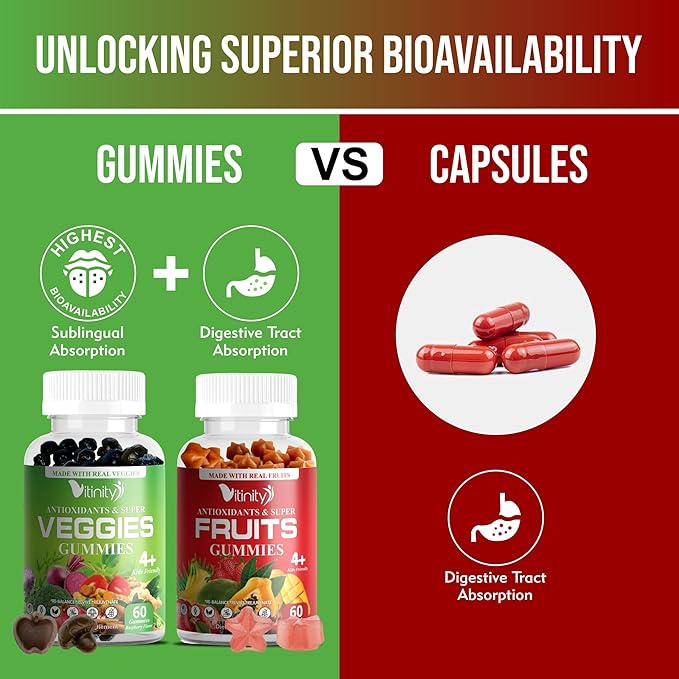 VITINITY Fruit and Veggies Supplement Gummies – Greens Gummies with Real Fruits & Vegetables – Vegan Fruit Gummies & Super Greens Gummies for Adults & Kids, 60 Count (30 Day Supply)
