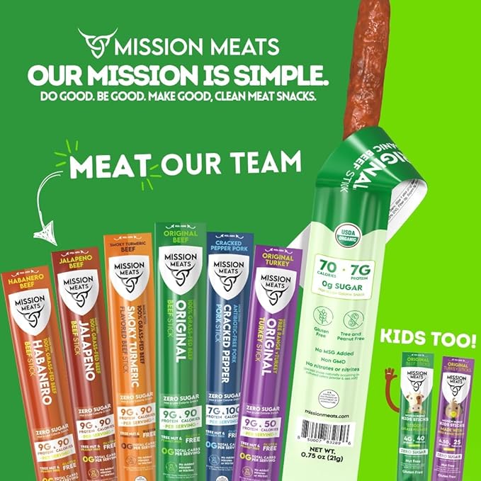 Mission Meats Kids Beef Sticks, 100% Grass Fed, Healthy Snacks for Kids, Zero Sugar, 9g Protein per Serving, Gluten & Nut Free, Individually Wrapped, Mini 0.5oz (72ct Bag)